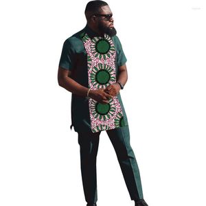Tute da uomo Set verde nerastro Top patchwork con pantaloni Abbigliamento da festa africano Elegante camicia a maniche corte con colletto Abiti da sposo da sposa