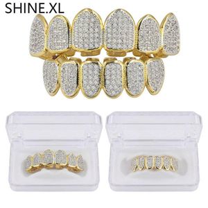 Gold Silver Plated Hip Hop Vampire Teeth Grillz Top and Bottom Iced Out Micro Pave CZ Stone Bling Body Jewelry240y