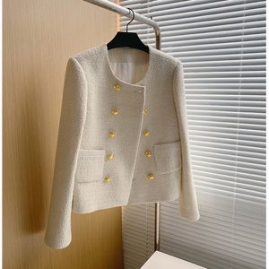 Kvinnorjackor Autumn Winter Tweed Short Jacket Coat Women Elegant French Golden Double Breasted Woolen Suit Outwear för 230726