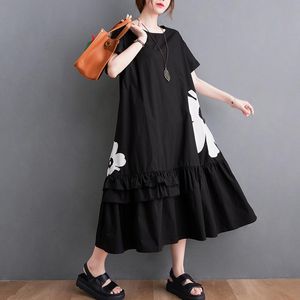 Set #3424 vestito da camicia con stampa floreale nera Donne a maniche corte sciolte aline abiti midi a pieghe da donna abito maglietta estiva