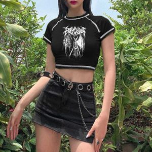 女性用Tシャツ竜ukuクロップトップトロイハクレトロ韓国ブラックデーモンパンクゴシックアニメプリント服スリムアニメ