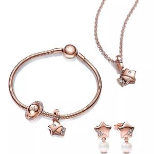 Designer Rose Gold Bracelet Necklace Pearl Earrings Star charms Pendant Collarbone Chain Bone Chain DIY fit Pandora Bracelet set Jewelry Fashion Party Gift