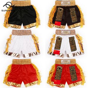 Shorts masculinos Shorts de boxe femininos masculinos infantis borlas douradas shorts de Muay Thai nome personalizado/fitness Sanda MMA competição jogo de treinamento calças 230726