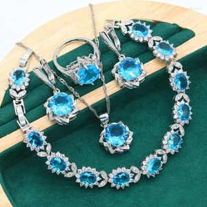 Серьги ожерелья устанавливают серебряные украшения для женщин свадебные ванны синий браслет циркона длинное подвесное кольцо рождественское подарок