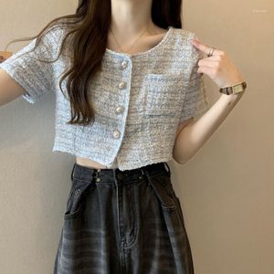 Jaquetas femininas de manga curta Jaqueta de tweed azul Blusas Mujer Crop top de verão estilo coreano Camisa Y2k Femme Camisas femininas pretas e brancas