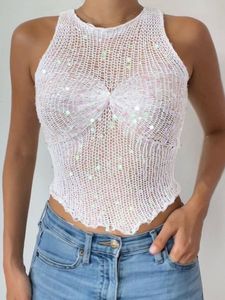 Kvinnors tankar Camis Apprabant Sexig Hollow Out Sticked Crop Top Fashion Sequins ärmlös rund nacktank Topp Streetwear White Slim Mini Vest 230727