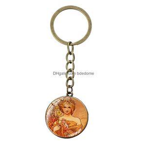 Chaveiros Colhedores Alphonse Mucha Chaveiro Esteticista Novo Símbolo Art Nouveau Vidro Cristal Metal Chaveiro Exclusivo Fada Bolsa Charm Dhzh8