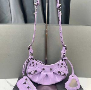 Le Cagole series half moon dumpling bag willow stud motorcycle fine-graineds crocodile pattern leather with heart-shaped makeup mirror shoulder Cross Body