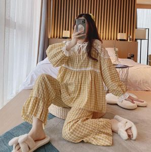 Kvinnors sömnkläder 2023Two Piece Set Plaid Girls Cute Rope Pyjama Cotton Loose Home Wear Women Bedroom Pijamas