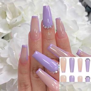 Unhas postiças 24 pçs/caixa Bailarina Fl Er Ferramenta de manicure artificial Dicas de unhas vestíveis Roxo Longo Caixão Entrega de gota falsa Beleza de saúde Dhf2Y