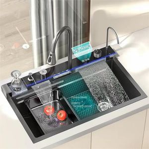 Kitchen Sink 304 Stainless Steel Large Single Slot Whale Integrated Digital Display Rain Faucet Set Vegetable Washing Dasin