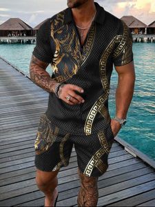 Vests Men's Summer Tracksuit Gold Chain Polo Shirt Set Turn Down Collar Zipper Clothing Streetwear Casual Outfit Suit