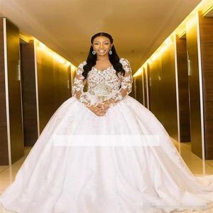 Charming Lace Ball Gowns Wedding Dresses Long Sleeve Illusion African Princess Bridal Gowns Elegant Court Train 2019 vestido de no196D