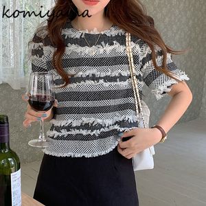 Camiseta Feminina Komiyama Pequena Fragrância Hit Color Stripe Y2k Roupas O Neck Tassel Patchwork Tops Camiseta Feminina de Manga Curta Camisetas Casuais 230727