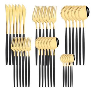 Dinnerware Sets Drmfiy 36Pcs Black Handle Gold Silverware Set Stainless Steel Tableware Knives Fork Spoons Kitchen Cutlery