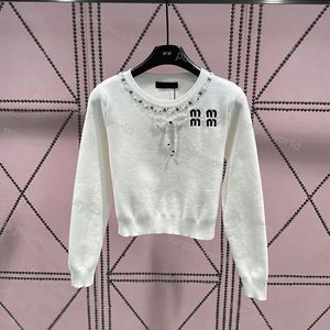 Womens Designer Knit Top Sweater Bow Rhinestone Crew Neck 3 Color Sweater Letter Long Sleeve Cardigan Fashion Casual