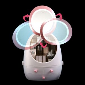 Drop HD Mirror LED Light Cosmetic Storage Box Jewelry Makeup Organizer USB Charge Cosmetic Case Desktop Storage Drawer Y11255N