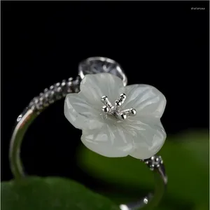 Cluster Rings White Jade Flower 925 Silver Fashion Women Gemstone Adjustable Ring Natural Vintage Amulet Amulets Jadeite Jewelry