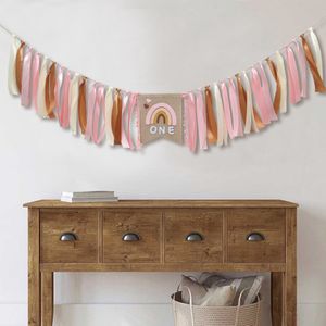 Bannerflaggor Boho Rainbow Banner Födelsedag 1 år GIRKA Happy 1: a år födelsedagsfest dekor stol banner baby shower dop Kön avslöjar 230727