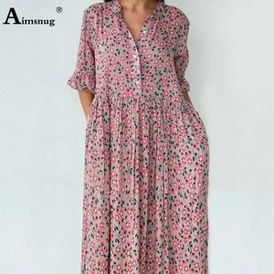 Grundläggande avslappnade klänningar Summer Ladies Elegant V-hals Mid-Calf Dress Half Sleeve Patchwork Buttons Dresses Overized 3XL Women Bohemian Dress Femme 230726