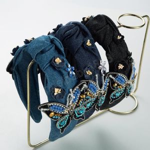 Fashion Wide Side Hairband Thickened Denim Headband Shining Rhinestone Butterfly Headwear Hair Accessories