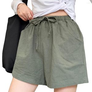 Women's Shorts Summer Elegant High Waist Flax Women Casual Solid Wide Leg Loose Cotton Short Pants Bottom Pant Pocket Black Trouser