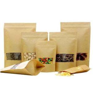 Förpackningspåsar 14 storlekar Mat fukt Proof Packaging Tätning Pouch Brown Kraft Paper med Clear Window Drop Delivery Office School Busi Otkpn