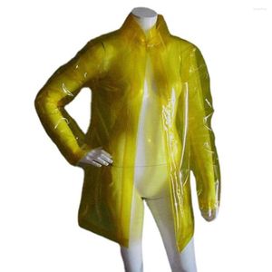 メンズジャケットエロティックなビニールクリアPVCターンダウンネック透明性長袖コートパースペクティブジャケットトップパーティーナイトクラブウェア衣装