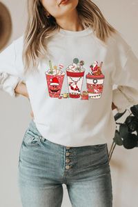 Felpe con cappuccio da donna Felpa con stampa grafica colorata tazza di caffè natalizia Pullover manica lunga Babbo Natale Top casual in cotone moda donna