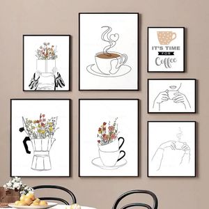 Nordiska blommor väggkonstbilder Skriv ut minimalistisk linje kaffe duk målning cafébutik affischer kök väggdekor w06