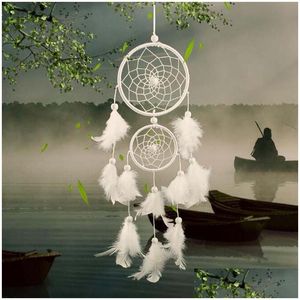 Arti e mestieri Dream Catcher White Feather Net con 2 anelli Dreamcatcher Craft per appendere la decorazione Accessori Regali di compleanno Dr Dh6Oo