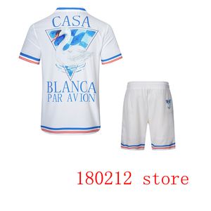 Mens Tracksuits Thin Silk Fabric Stripe Swan Print Casablanca Mesh Shorts Shirts Set Män Kvinnor Högkvalitativ Hawaiian Beach Seaside Holiday Suit 230727