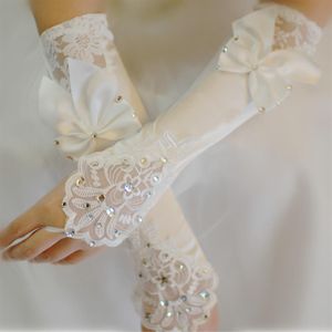 Ivory Satin Bridal Gloves Beads Lace Cheap Fingerless Long Ladies Dress Glove Bow Fast Wedding Accessories250H