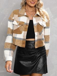 Women Fashion Woolen Short Coat Plaid Turn-Down Collar Long Sleeve Outerwear Autumn Winter Single-Breasted Pockets Jackets