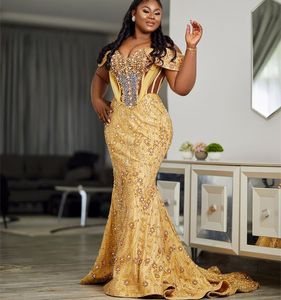 2023 Aso Ebi Gold Mermaid Prom Dress Sequined Lace Evening Formal Party Second Reception Birthday Engagement Gowns Dresses Robe De Soiree ZJ775