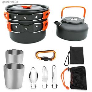 Camping Cookware Kit Outdoor Cooking Set Aluminum Travel Tableware Equipment Pot Kettle Cups Knife And Fork Hiking Picnic BBQ L230621