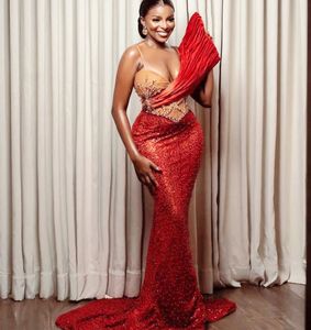 Mermaid Aso Ebi Red Prom Dress Beaded Crystals Sexy Evening Formal Party Second Reception Birthday Engagement Gowns Dresses Robe De Soiree ZJ es