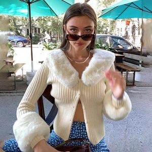 Women Knitted Cardigan Coat Plush Fur Collar V-neck Button Sweater Jackets Slim Skinny Elastic Outfits Casual Streetwear