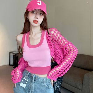 Camisola feminina de malha feminina, cardigã pequeno rosa oco estilo doce menina de duas peças camisola de malha de verão roupas femininas 230727