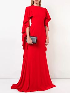 Elegant Long Red Crepe aftonklänningar med Cape sjöjungfru o-hals Small Train dragkedja tillbaka veckor Prom Dresses Robe de Soiree ärmlös formell festklänning för kvinnor