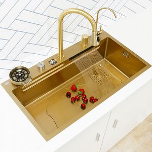 Şelale mutfak lavabo altın paslanmaz çelik lavabo çok işlevli lavabo büyük tek darbe bulaşık makinesi modern yıkama havzası lavabo musluk