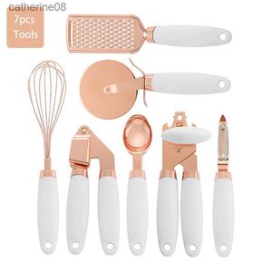 Copper Plated Kitchen Gadget 7PCS Set High-End Kitchenware Cooking SuppliesGarlic Press Pizza Cutter Scoop Peeler Cheese Grater L230621