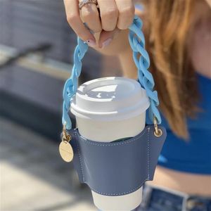 Haken Schienen PU-Leder Milch Tee Handhalter Abnehmbare Kette Outdoor Picknick Tragbare Kaffeetasse Außenverpackungsbeutel Ohne253u