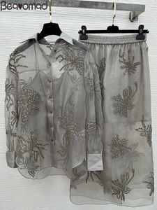 Платье из двух частей Bearomad Дизайнерская весенняя винтажная серая юбка с вышивкой и блестками Костюм Женская рубашка с рукавами-фонариками Пальто с эластичной резинкой на талии 230727