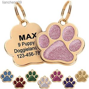 Özel Altın Pet Kimliği Etiketleri Sparkly Pençe Şekli Kişiselleştirilmiş Parlak Köpek Glitter Sessiz Yavrular İçin Sevimli Doggy Lazer Graved Adı L230620