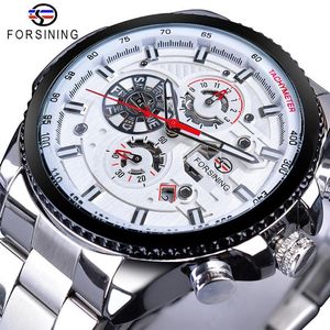 Forsining White Automatic Mens Watches Calendar Date Relogio Masculino Luminous Stainless Steel Band Mechanical Sport Wristwatch2052