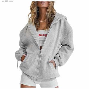 Kadın Hoodies Sweatshirts Moda Gri Fermuarı Kadınlar Sonbahar Kış Ceket Cthes Büyük Hoodies Vintage Cepler Uzun Kollu Hoodies T230727