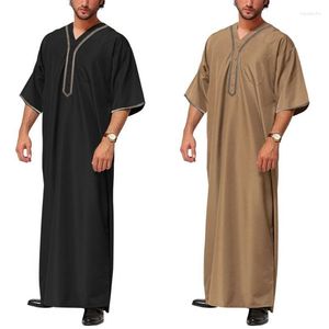 Roupas étnicas camisa masculina muçulmana macia gola V masculina Jubba Thobe para com botão de gota