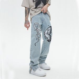 Men's Jeans High Street Butterfly and Snake Embroidery Straight Jeans Pants Men's Ankle Zipper Retro Pockets Loose Denim Trousers Hip Hop 230726