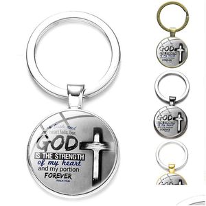 Schlüsselanhänger Lanyards Gott ist die Stärke meines Herzens Bibelvers Psalm Kreis Schlüsselanhänger Christliches Kreuz Schlüsselanhänger Glaskuppelanhänger So Dhjzt